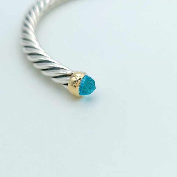 David Yurman Sterling Silver & 14k Gold 4mm Flex Blue Topaz Cable Bracelet 7inch - Picture 4 of 8